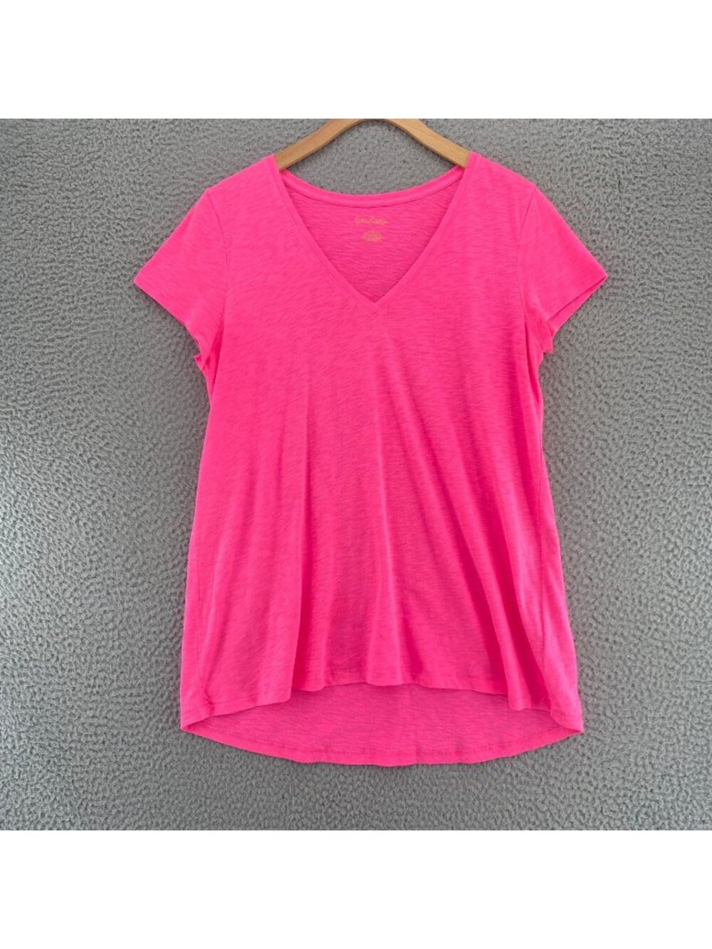 Lilly Pulitzer Top Womens Large Pink Slub Knit V Neck Short Sleeve High Low Tee